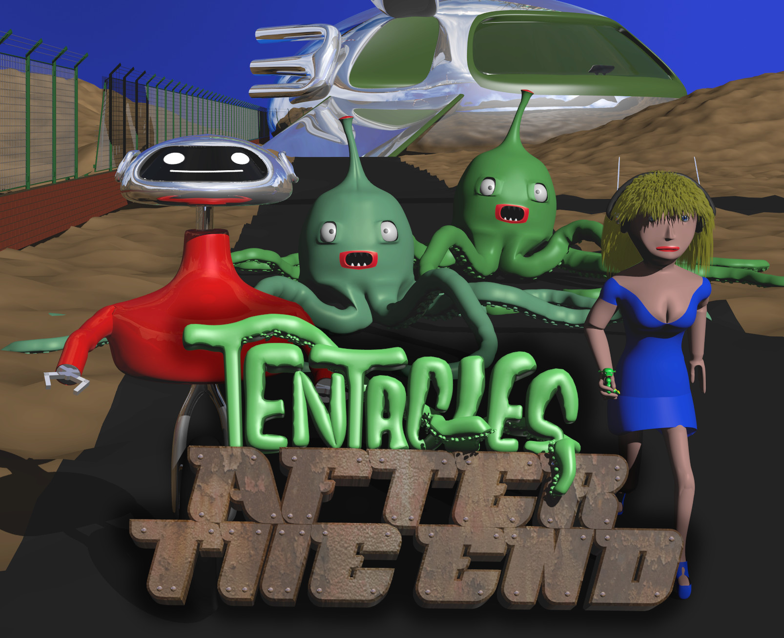 A woman in a blue dress and a red and chrome robot flee from tentacle monsters chasing in the background